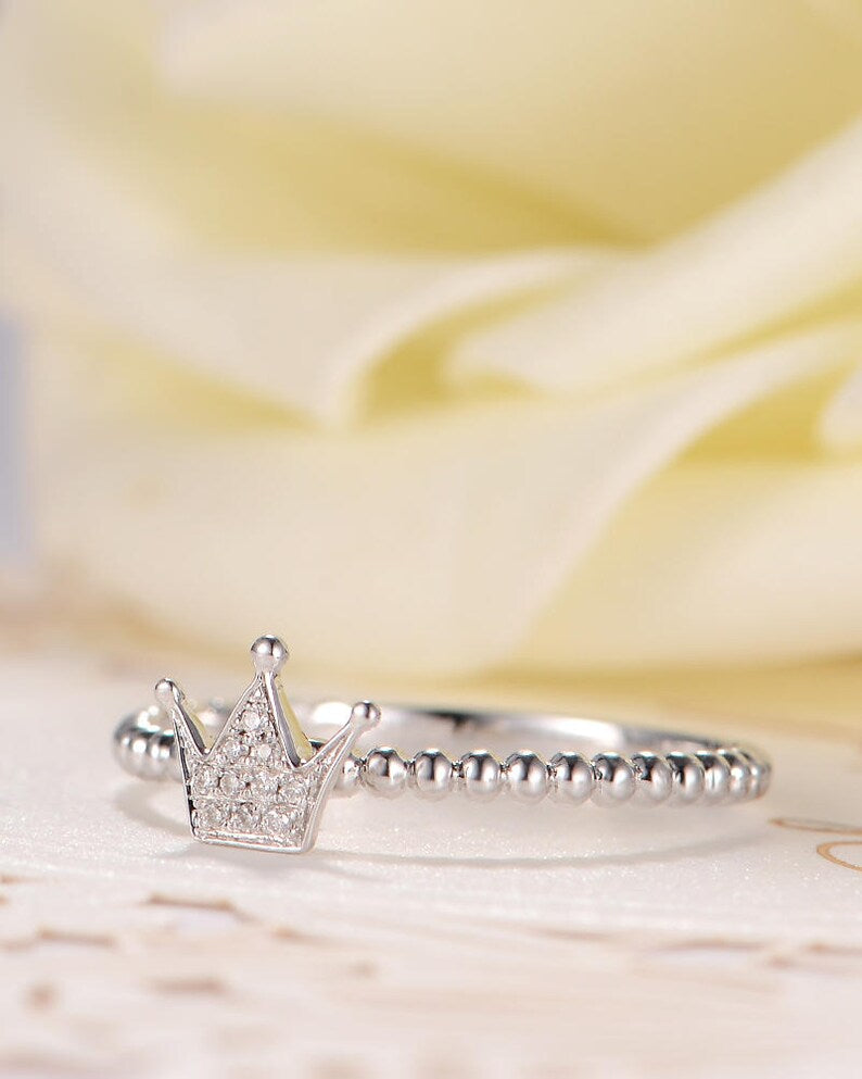 0.25 CT Round Cut Diamond White Gold Over  On 925 Sterling Silver Crown Ring