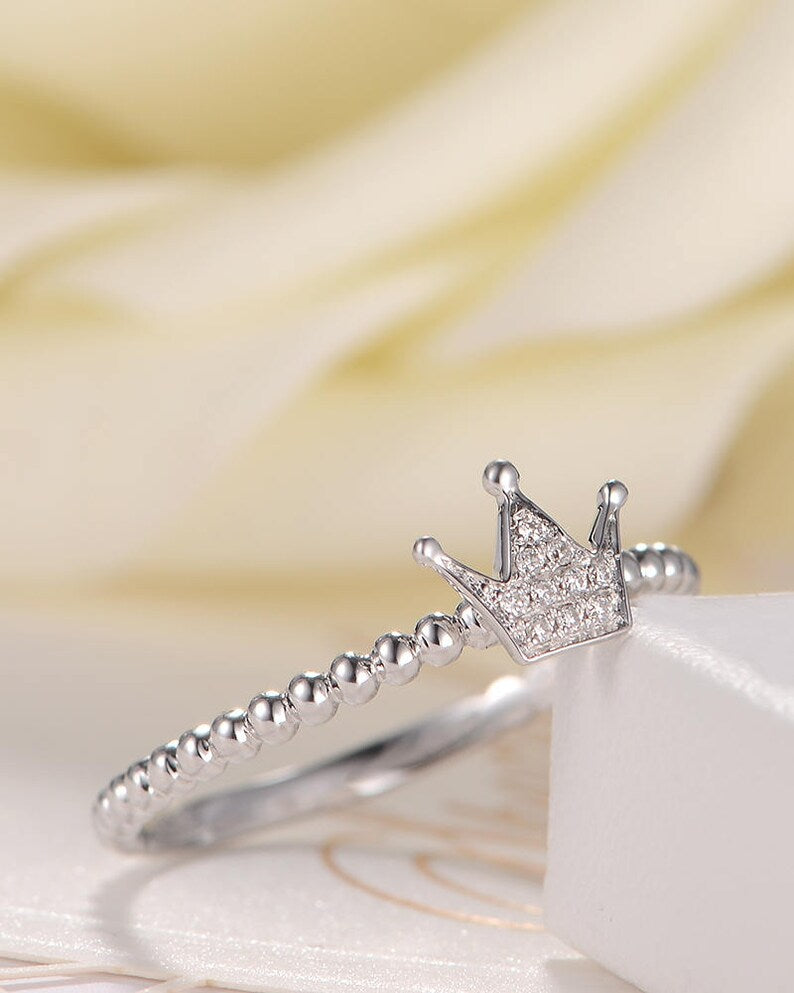 0.25 CT Round Cut Diamond White Gold Over  On 925 Sterling Silver Crown Ring