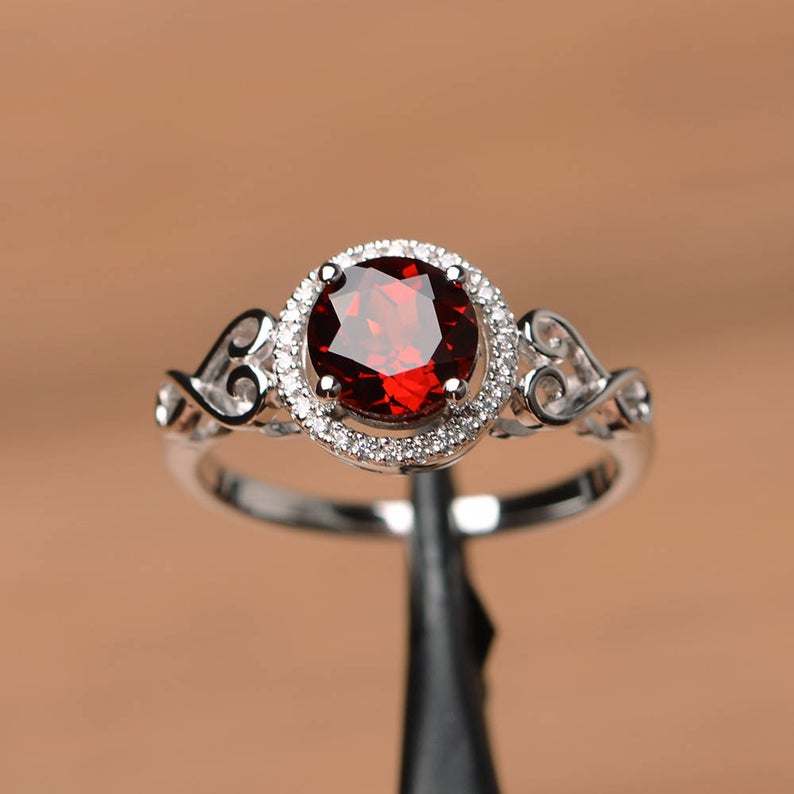1.20 Ct Round Cut Red Garnet January Birthstone Halo Ring In 925 Sterling Silver