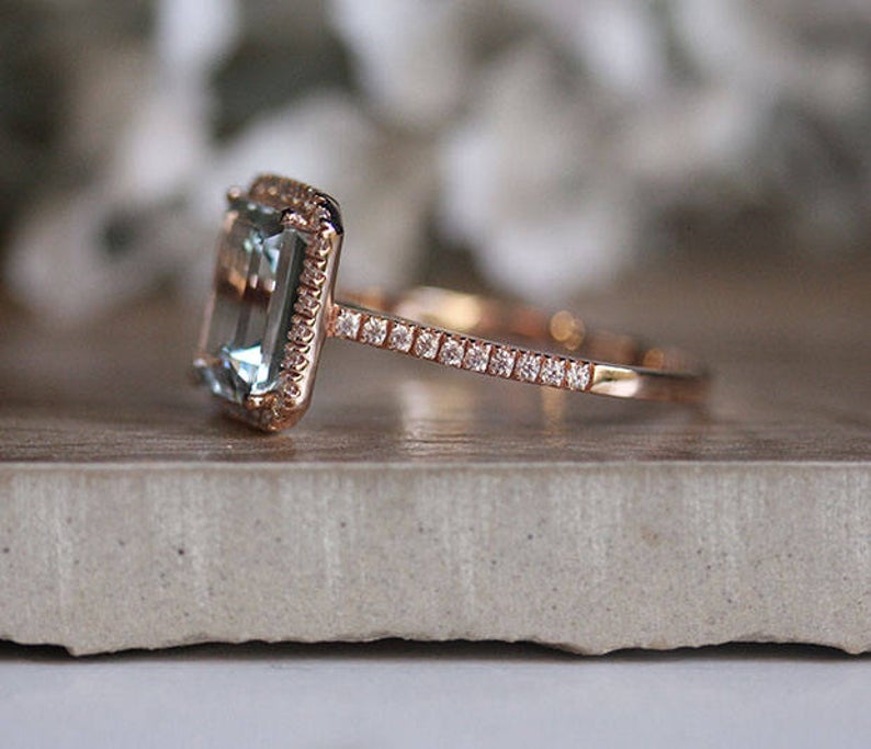 3 CT Emerald Cut Aquamarine Diamond 925 Sterling Silver Halo Wedding Ring