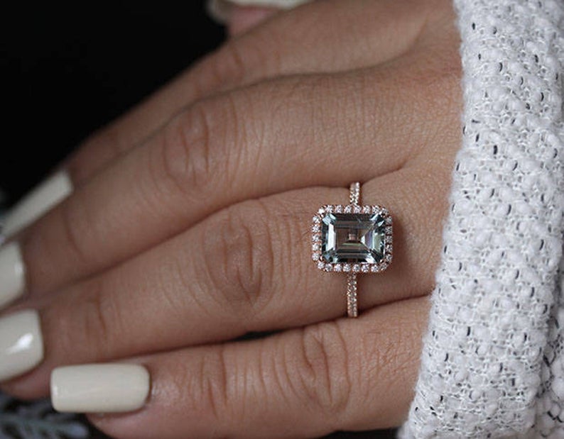 3 CT Emerald Cut Aquamarine Diamond 925 Sterling Silver Halo Wedding Ring
