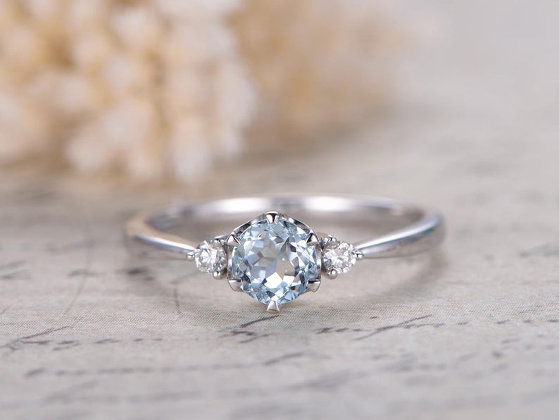 1.00 Ct Round Cut Aquamarine & White CZ Three-Stone Promise Ring In 925 Sterling Silver