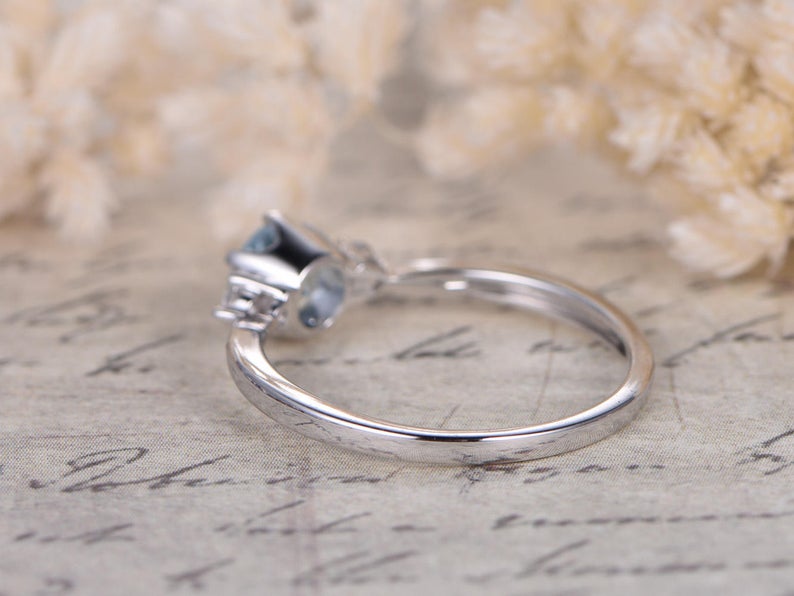 1.00 Ct Round Cut Aquamarine & White CZ Three-Stone Promise Ring In 925 Sterling Silver