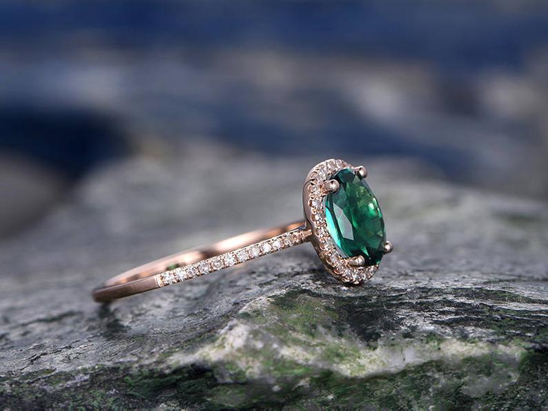 1.25 Ct Oval Cut Green Emerald Halo Engagement Ring Rose Gold Over On 925 Sterling Silver
