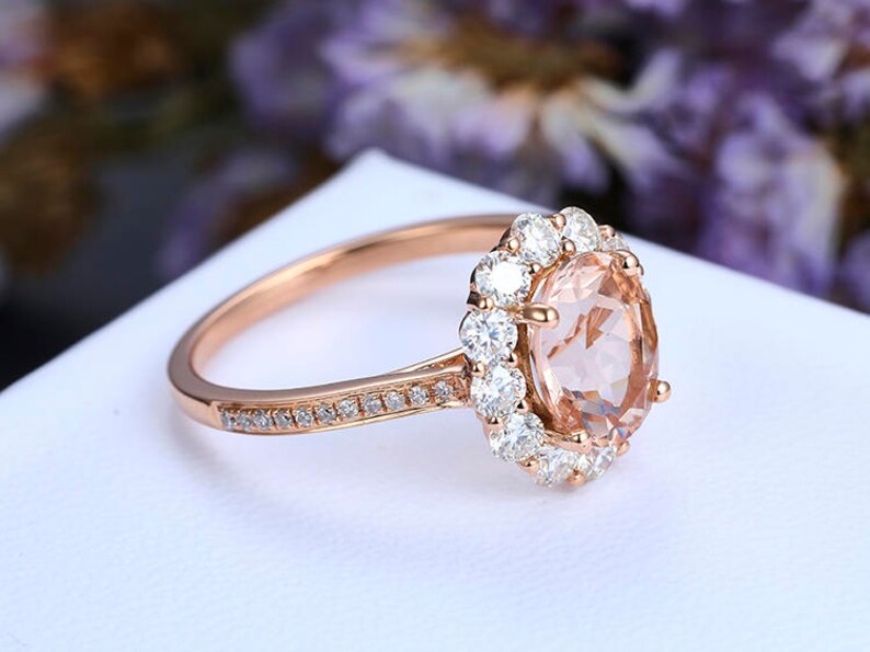 1 CT Oval Cut Morganite Rose Gold Over On 925 Sterling Silver Halo Anniversary Ring