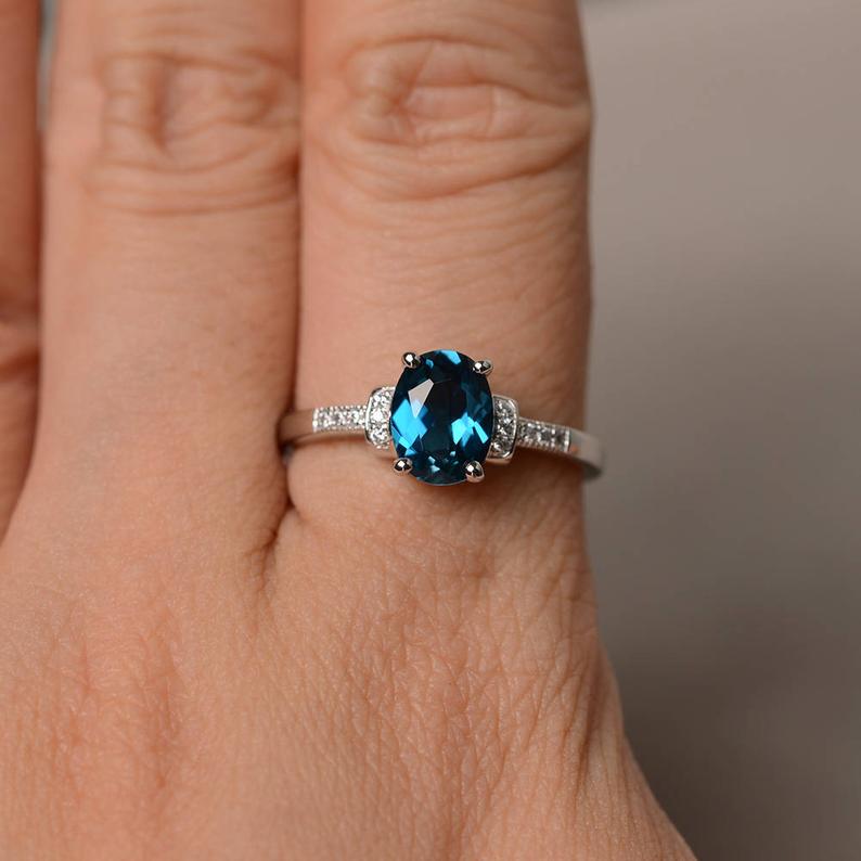 1.75 Ct Oval Cut London Blue Topaz 925 Sterling Silver Solitaire W/Accents Anniversary Gift Ring