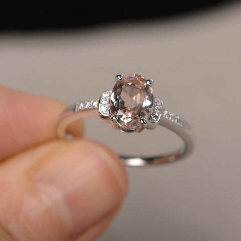 1.75 Ct Oval Cut Peach Morganite Solitaire W/Accents Engagement Ring In 925 Sterling Silver