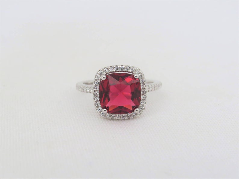 1 CT Cushion Cut Ruby & White Topaz Diamond 925 Sterling Silver Halo Anniversary Ring