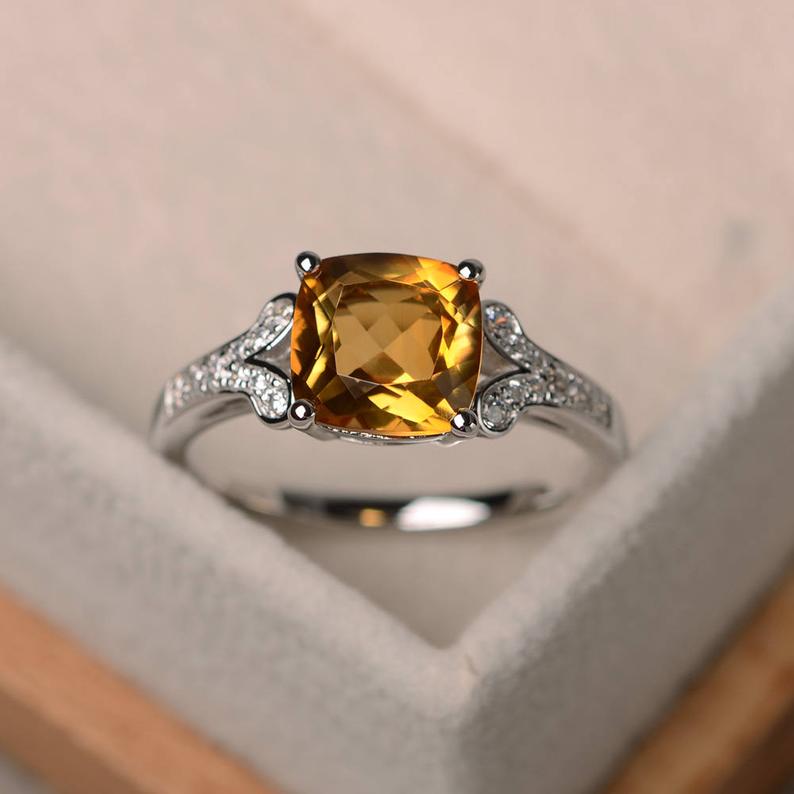 1.75 Ct Cushion Cut Yellow Citrine Unique Engagement Ring In 925 Sterling Silver