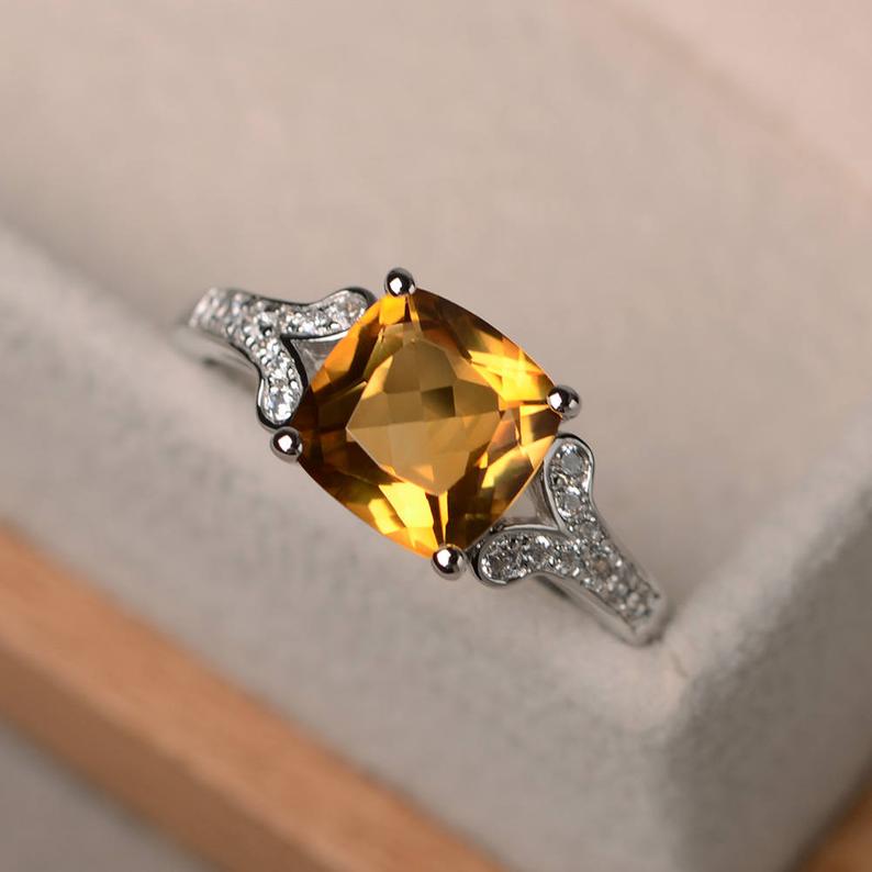 1.75 Ct Cushion Cut Yellow Citrine Unique Engagement Ring In 925 Sterling Silver