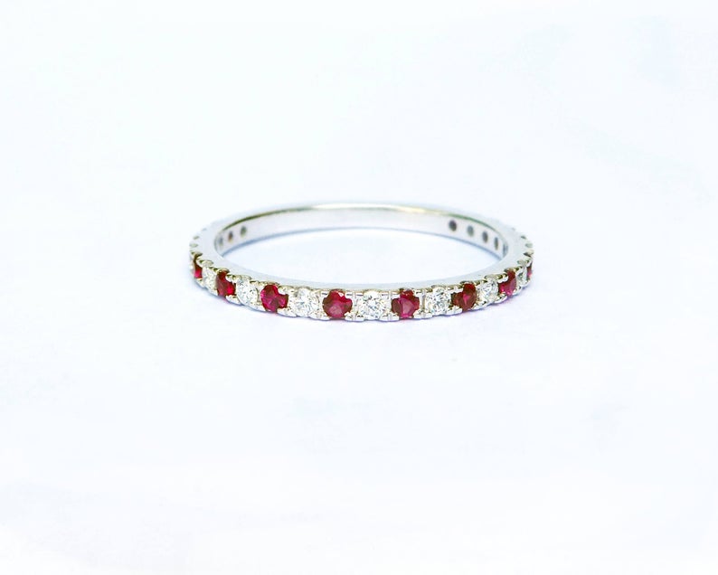 0.75 CT Red Ruby Diamond 925 Sterling Silver Half Eternity Wedding Band Ring