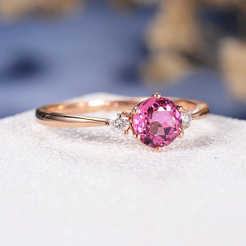 1.20 Ct Round Cut Tourmaline & White CZ Three-Stone Promise Ring In Rose Gold Over On 925 Sterling Silver