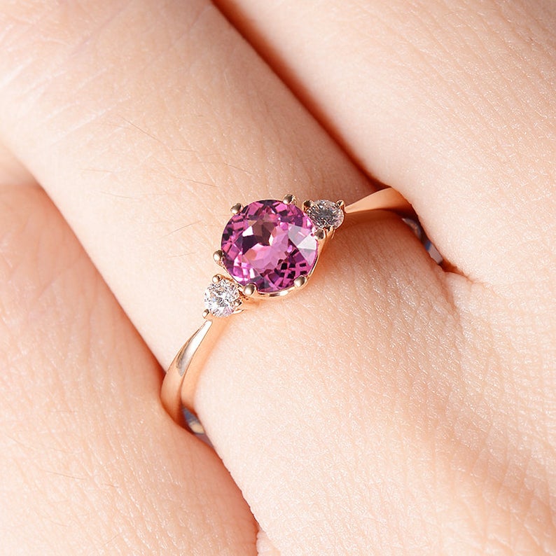 1.20 Ct Round Cut Tourmaline & White CZ Three-Stone Promise Ring In Rose Gold Over On 925 Sterling Silver