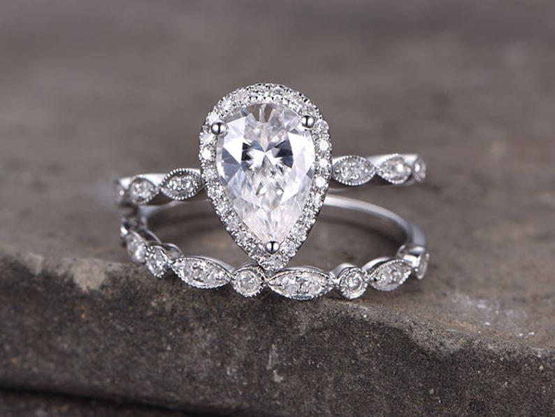 1 CT Pear Cut White Diamond White Gold Over On 925 Sterling Silver Bridal Wedding Ring Set - atjewels.in
