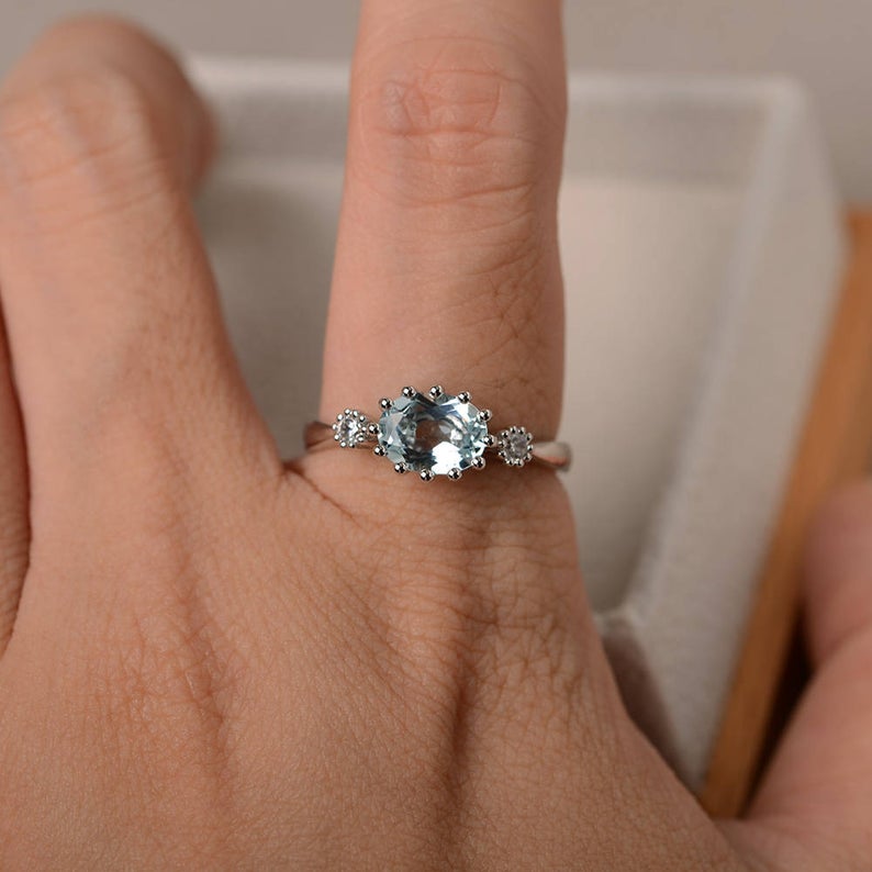 1.50 Ct Oval Cut Aquamarine & Round Cz Three-Stone Promise Ring In 925 Sterling Silver