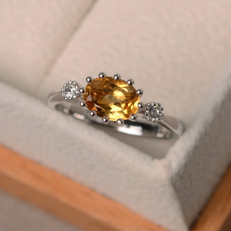 1.50 Ct Oval Cut Yellow Citrine & Round Cz Three-Stone Promise Ring In 925 Sterling Silver