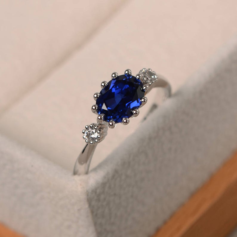 2 Ct Oval Cut Blue Sapphire & Round Cz Three-Stone Promise Ring In 925 Sterling Silver