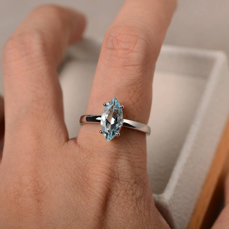 1.00 CT Marquise Cut Aquamarine 925 Sterling Silver Solitaire March Birthstone Ring