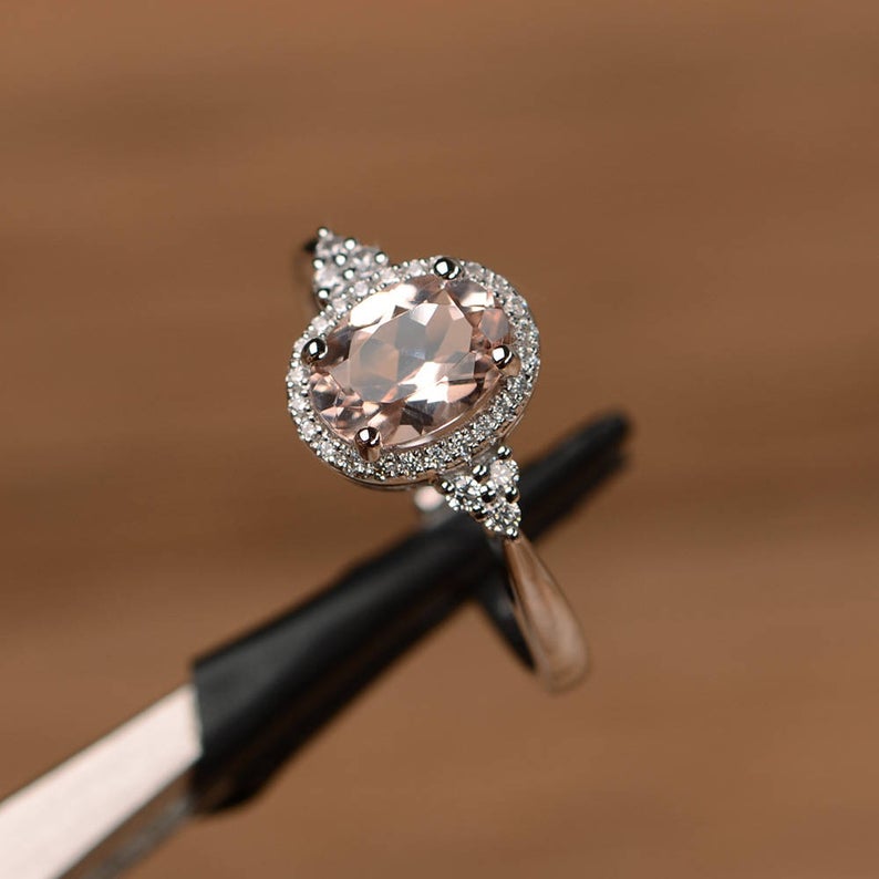 1 CT Oval Cut Morganite Diamond White Gold Over On 925 Sterling Silver Engagement Halo Ring