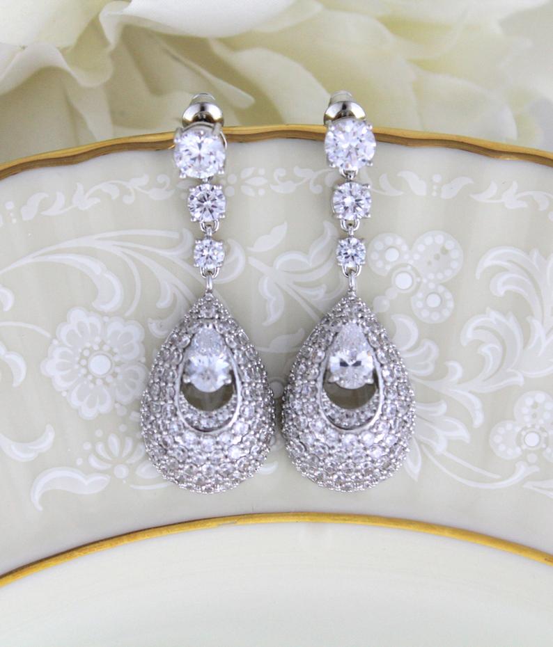 2.75 Ct Round & Pear Cut Diamond 925 Sterling Silver Bridal Wedding Dangle Earrings