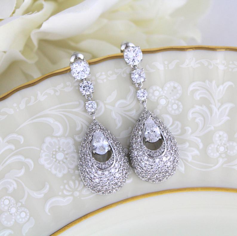 2.75 Ct Round & Pear Cut Diamond 925 Sterling Silver Bridal Wedding Dangle Earrings