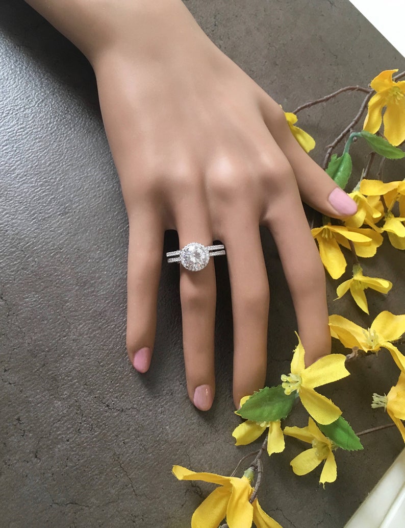 1 CT Round Cut White CZ Diamond White Gold Over On 925 Sterling Silver Halo Bridal Ring Set