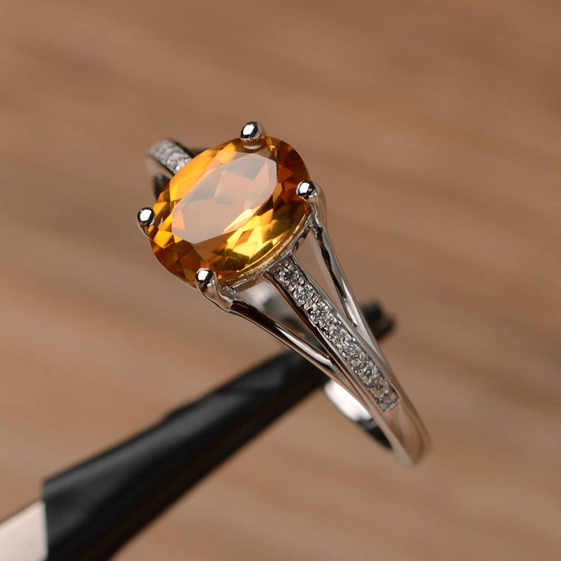 1.25 Ct Oval Cut Yellow Citrine 925 Sterling Silver Solitaire W/Accents November Birthstone Ring