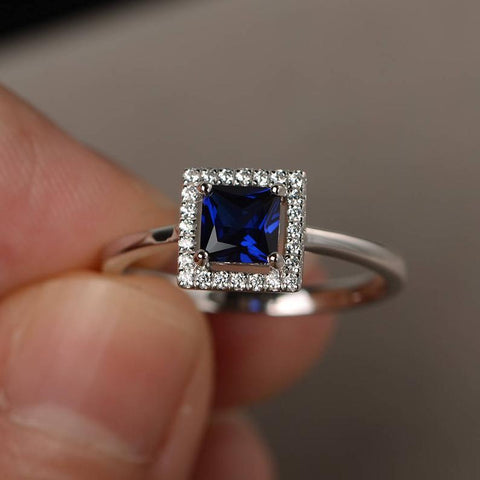 1.50 Ct Princess Cut Blue Sapphire 925 Sterling Silver Halo Anniversary Gift Ring