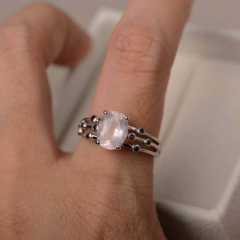 2.75 Ct Oval Cut Rose Quartz & Round Black Diamond Solitaire W/Accents Ring