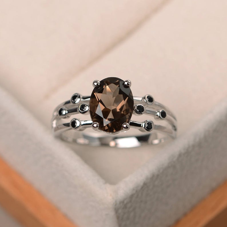 2.70 Ct Oval Cut Smoky Quartz 925 sterling Silver Solitaire W/Accents Anniversary Gift Ring