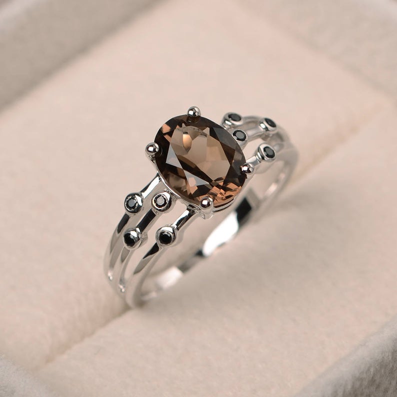 2.70 Ct Oval Cut Smoky Quartz 925 sterling Silver Solitaire W/Accents Anniversary Gift Ring