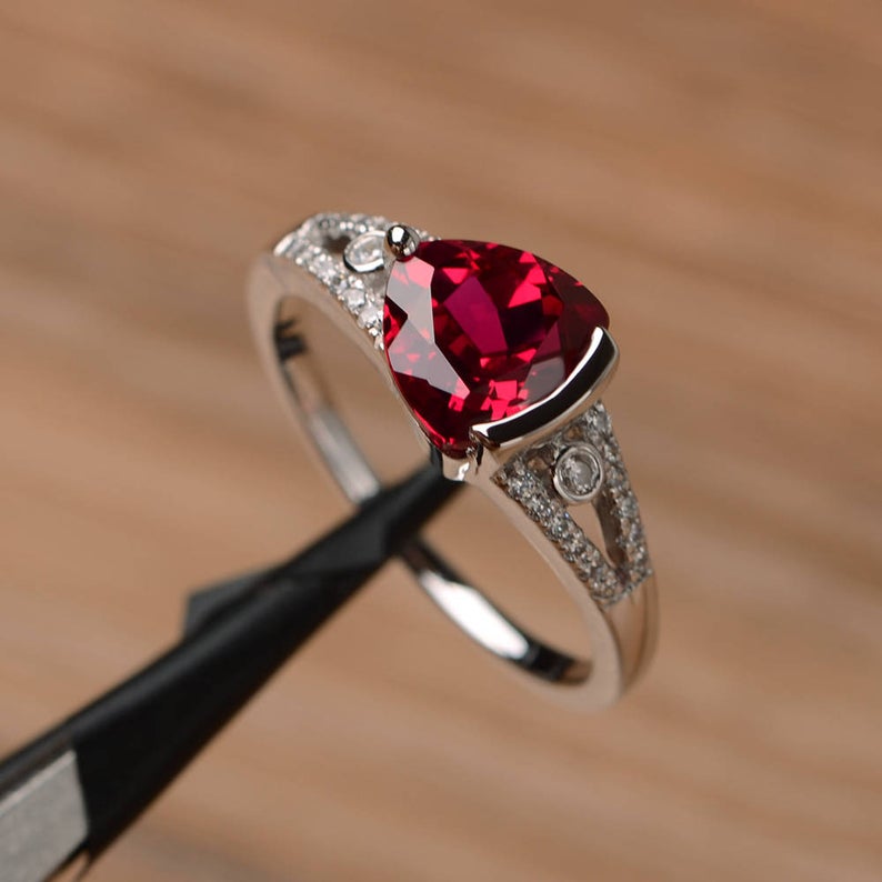 1.50 Ct Trillion Cut Red Ruby 925 Sterling Silver Solitaire W/Accents Engagement Ring