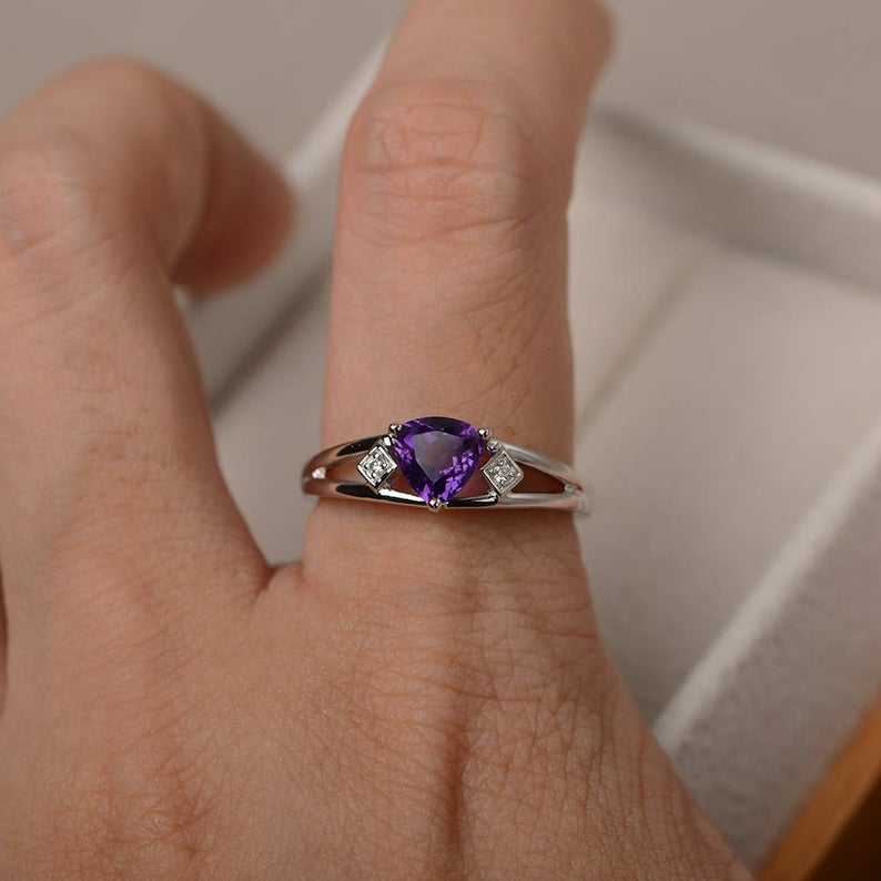 1.20 Ct Trillion Cut Purple Amethyst Three-Stone Promise Ring In 925 Sterling Silver