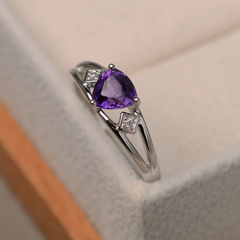 1.20 Ct Trillion Cut Purple Amethyst Three-Stone Promise Ring In 925 Sterling Silver