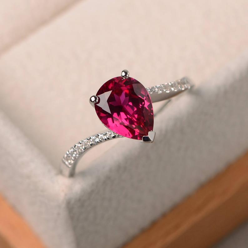 1.25 Ct Pear Cut Red Ruby Solitaire W/Accents Pretty Engagement Ring In 925 Sterling Silver