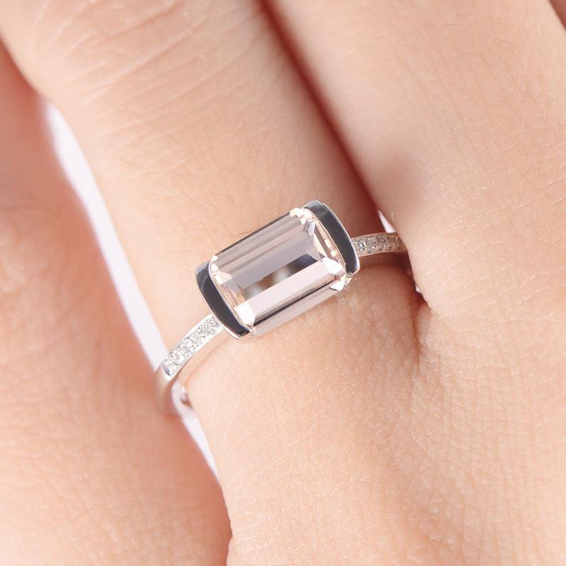 1.50 Ct Emerald Cut Morganite Solitaire W/Accents Engagement Ring In 925 Sterling Silver
