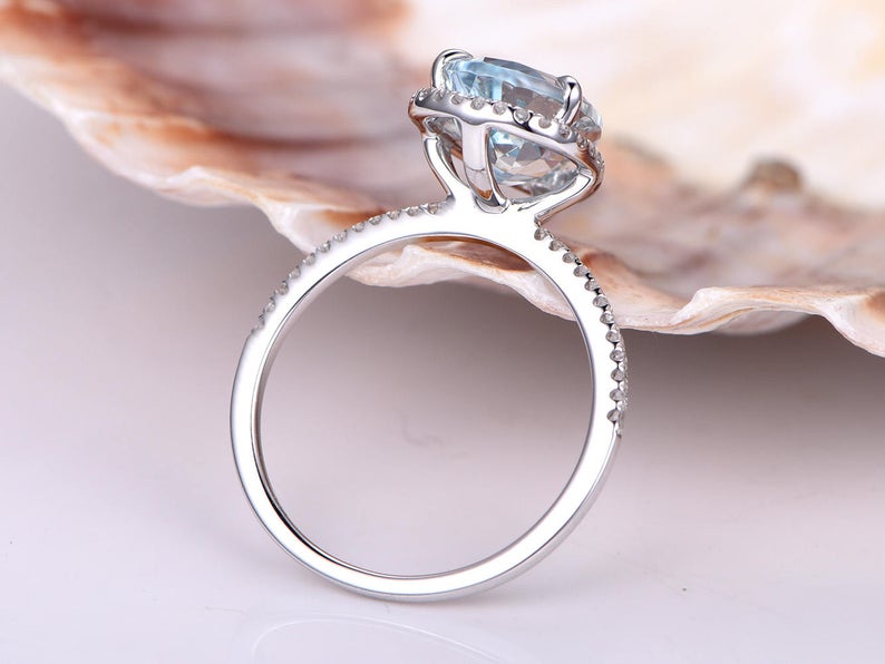3 CT Pear Cut Aquamarine Diamond White Gold Over On 925 Sterling Silver Halo Wedding Ring
