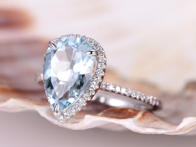 3 CT Pear Cut Aquamarine Diamond White Gold Over On 925 Sterling Silver Halo Wedding Ring