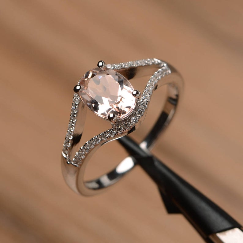 1.75 Ct Oval Cut Pink Morganite 925 Sterling Silver Split Shank Engagement Ring For Her