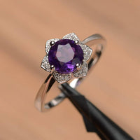 1.20 Ct Round Cut Purple Amethyst 925 Sterling Silver Lotus Anniversary Gift Ring