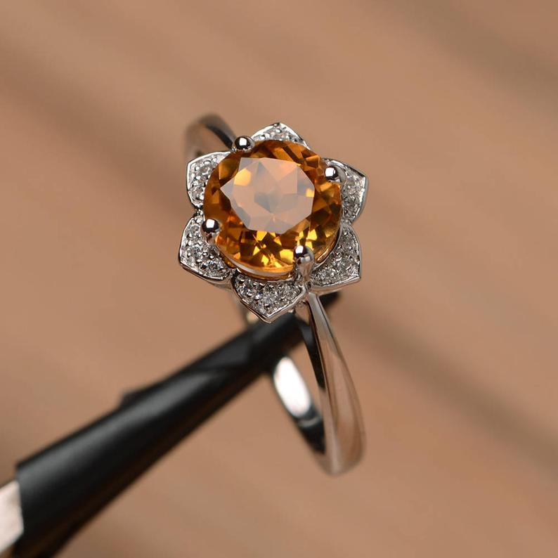 1.50 Ct Round Cut Yellow Citrine 925 Sterling Silver Floral Engagement Ring