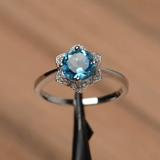 1.50 Ct Round Cut London Blue Topaz 925 Sterling Silver Floral Anniversary Gift Ring For Her