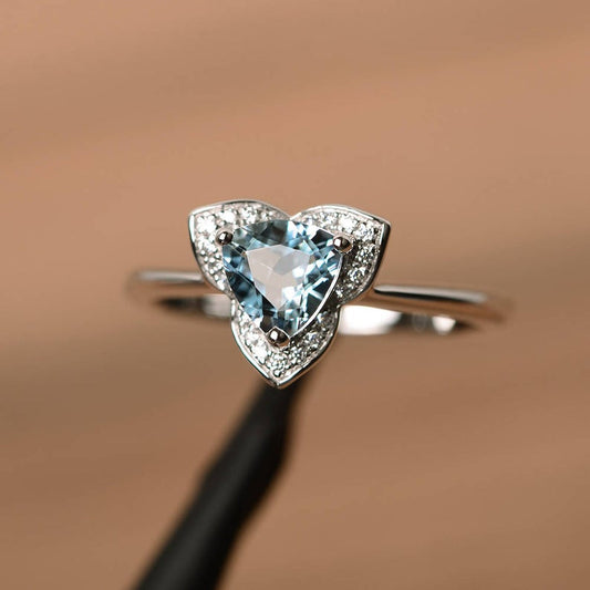 1.20 Ct Trillion Cut Aquamarine Unique Floral Engagement Ring In 925 Sterling Silver