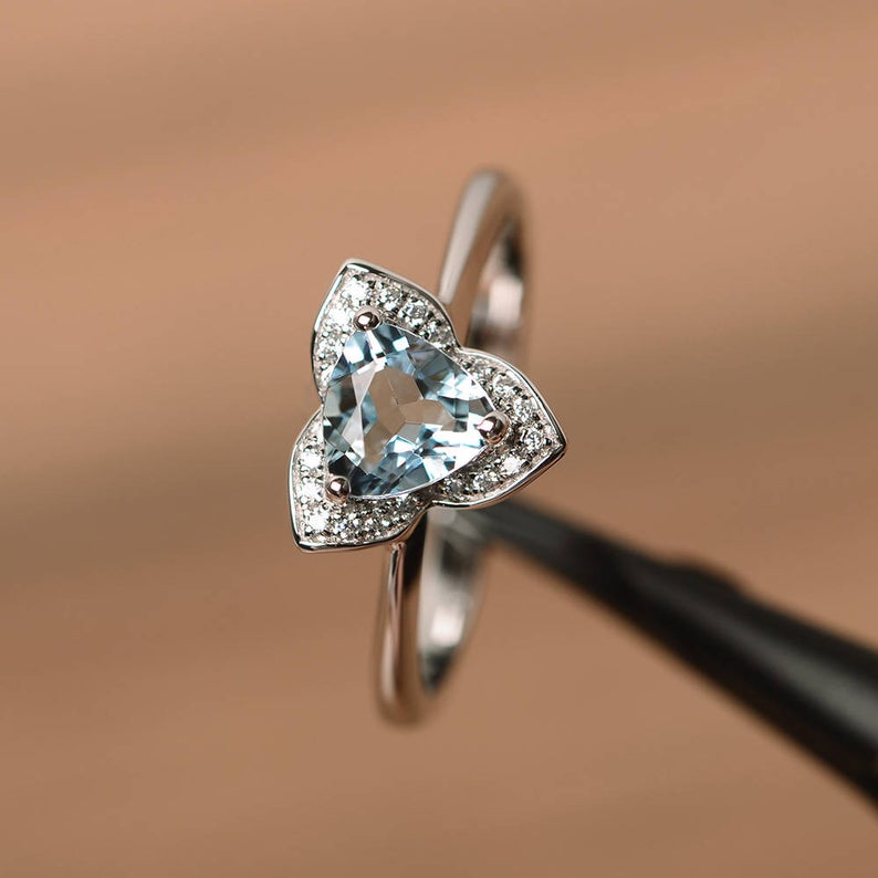 1.20 Ct Trillion Cut Aquamarine Unique Floral Engagement Ring In 925 Sterling Silver