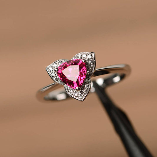 1.00 Ct Trillion Cut Red Ruby 925 Sterling Silver Floral Anniversary Gift Ring For Her