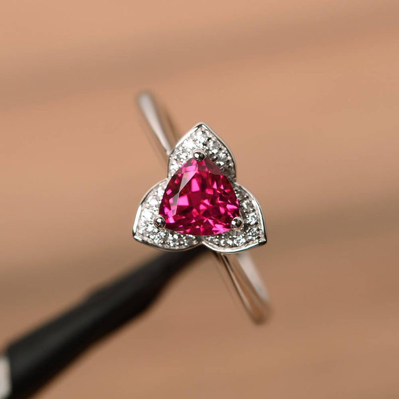 1.00 Ct Trillion Cut Red Ruby 925 Sterling Silver Floral Anniversary Gift Ring For Her