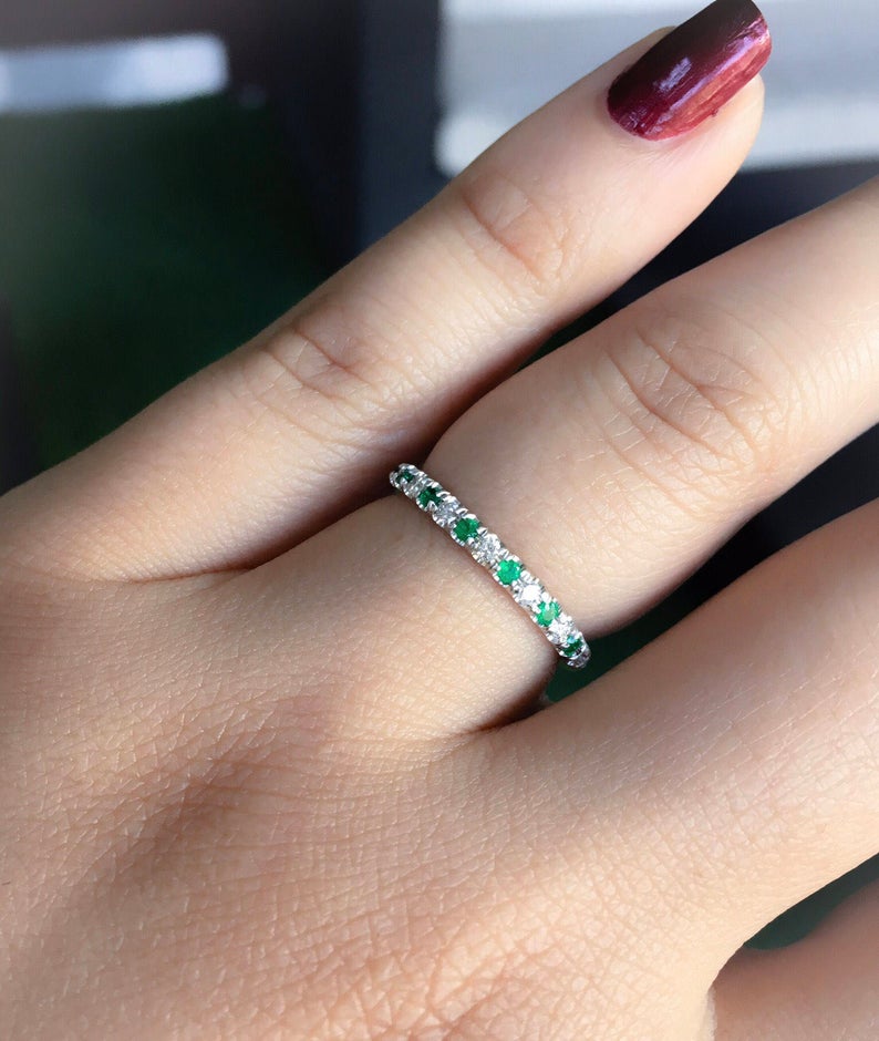 0.75 CT Round Cut Emerald & CZ Diamond 925 Sterling Silver Full Eternity Wedding Band Ring