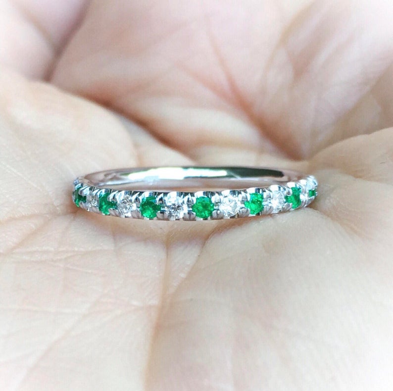 0.75 CT Round Cut Emerald & CZ Diamond 925 Sterling Silver Full Eternity Wedding Band Ring