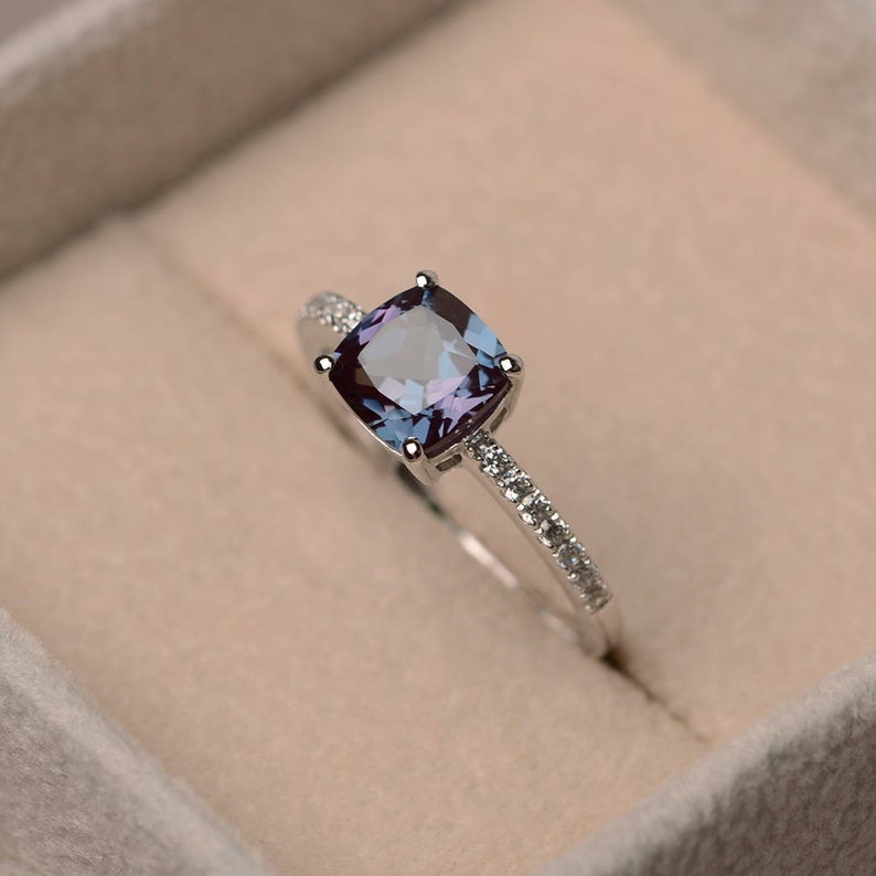 1.50 Ct Cushion Cut Alexandrite 925 Sterling Silver Solitaire W/Accents Wedding Ring