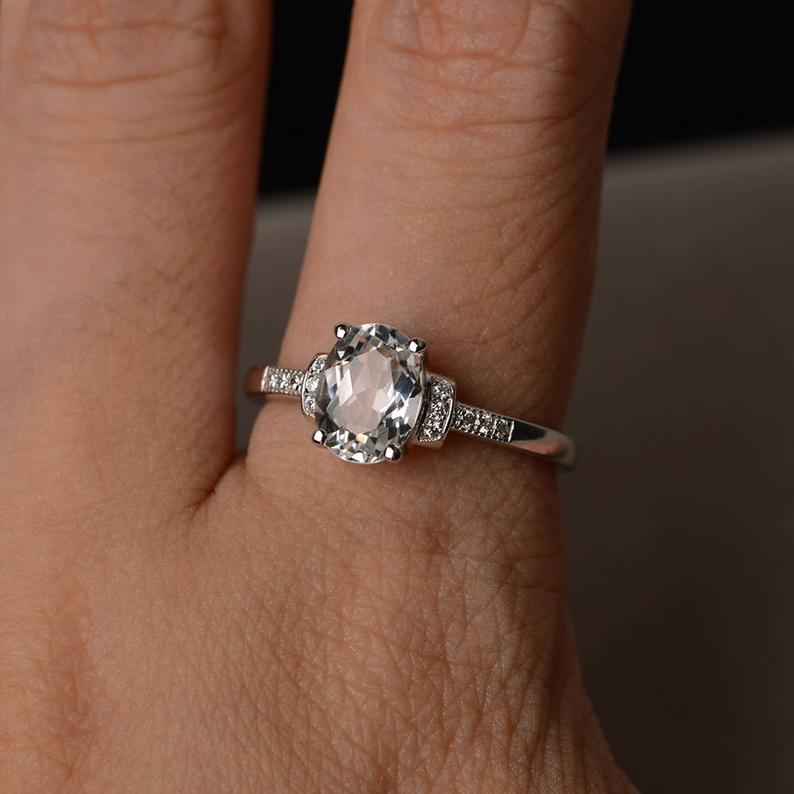 1.75 Ct Oval Cut White Topaz Solitaire W/Accents Engagement Ring In 925 Sterling Silver